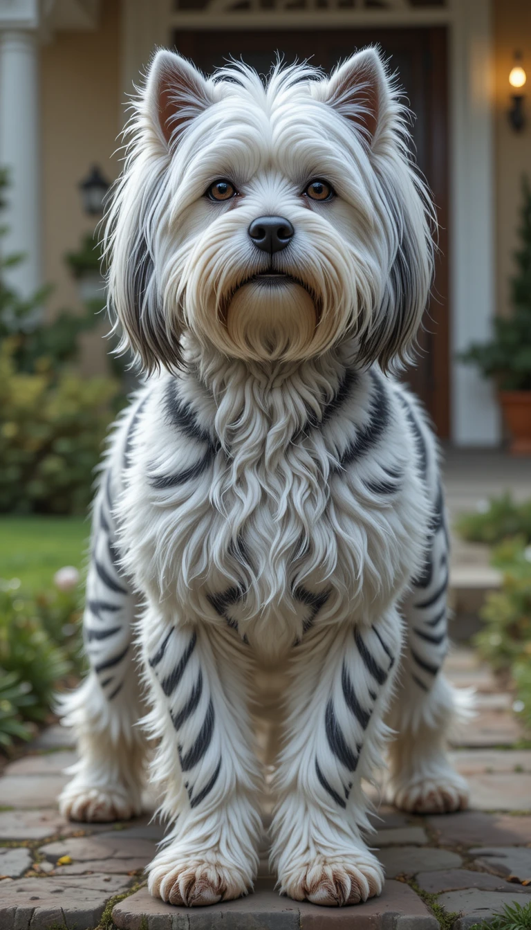 Cão Maltês de Pelo Longo com Listras de Zebra em Frente a uma Casa