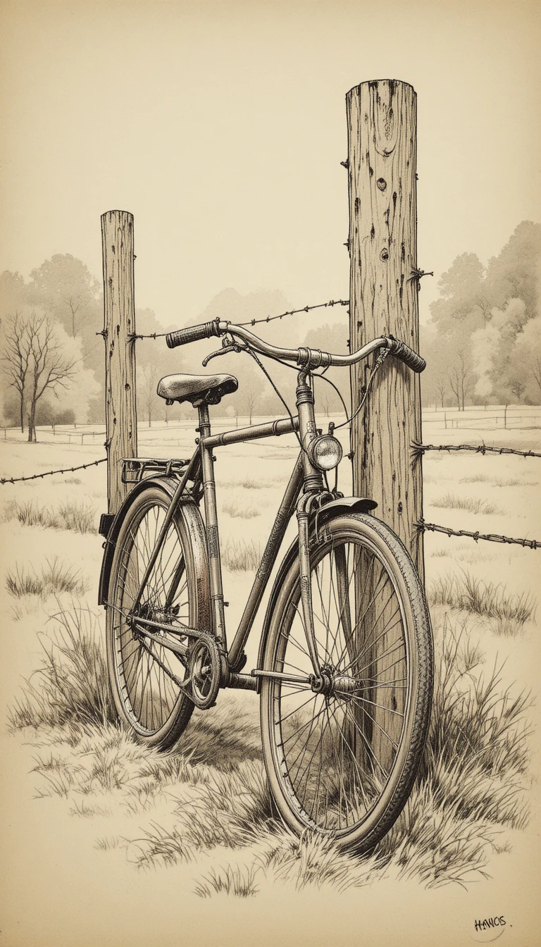 Skizze eines Vintage-Fahrrads an einem Pfosten in ländlicher Landschaft