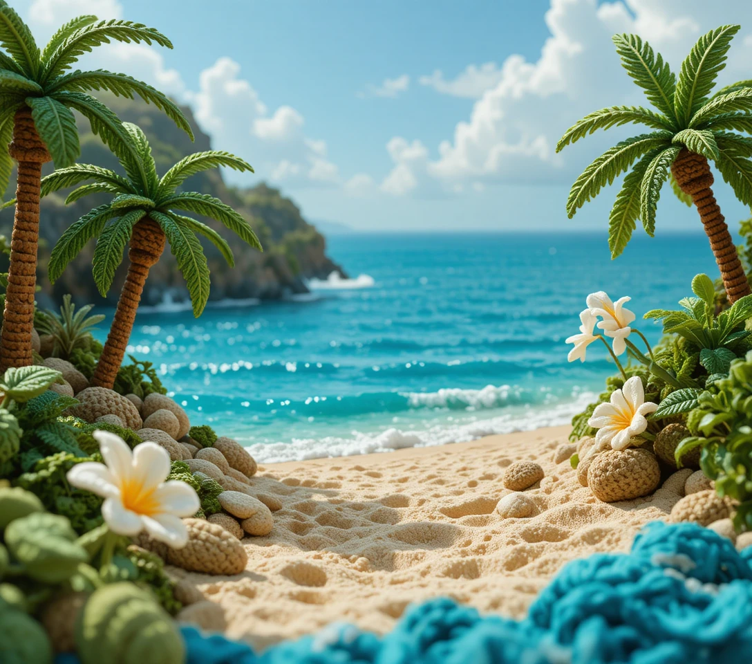 Gehäkelter tropischer Strand mit Palmen und einem Meer aus Garn