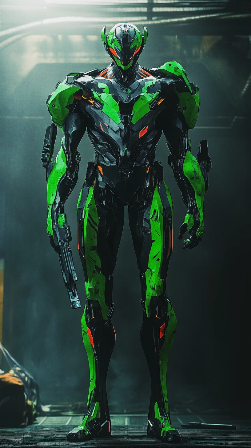 Poderoso mecha verde em cena dinâmica de combate sci‑fi