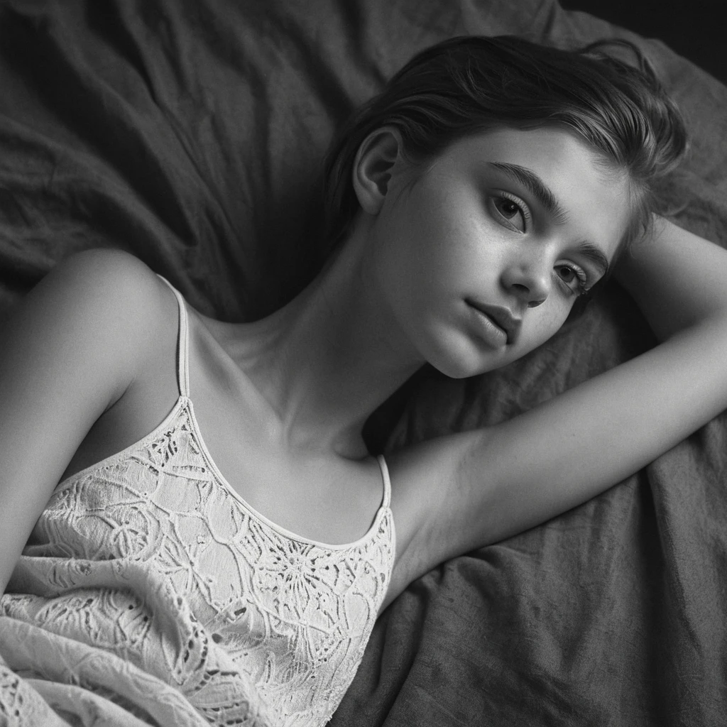 Disegno a grafite di una giovane ragazza distesa sulla schiena