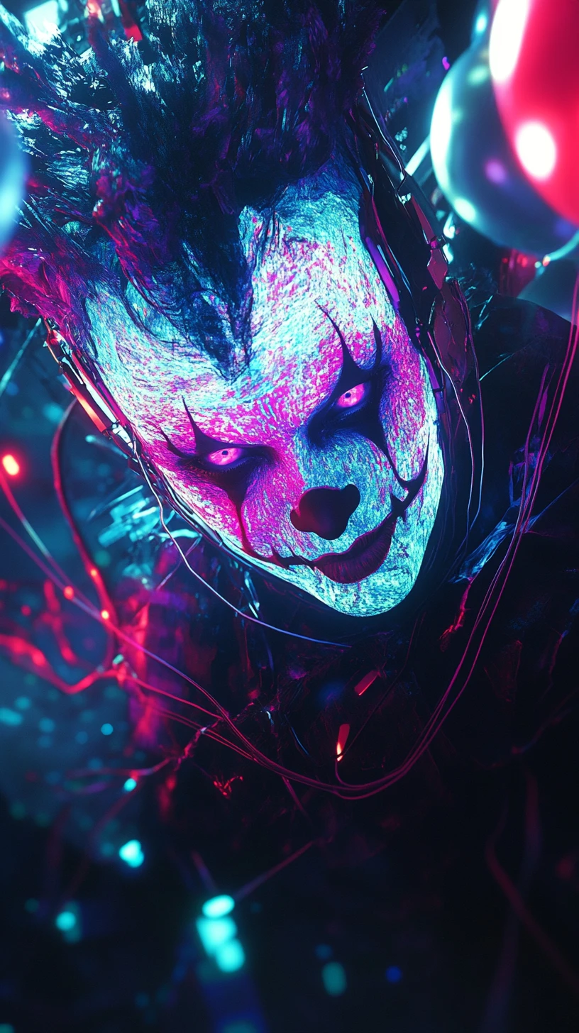 Palhaço cyberpunk brilhando com cores neon na sombra