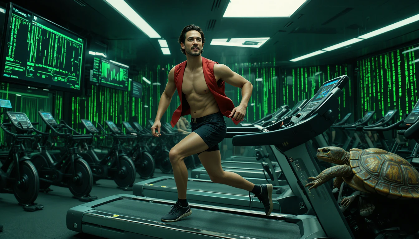 Neo trainiert auf einem futuristischen Laufband im grün beleuchteten Fitnessstudio