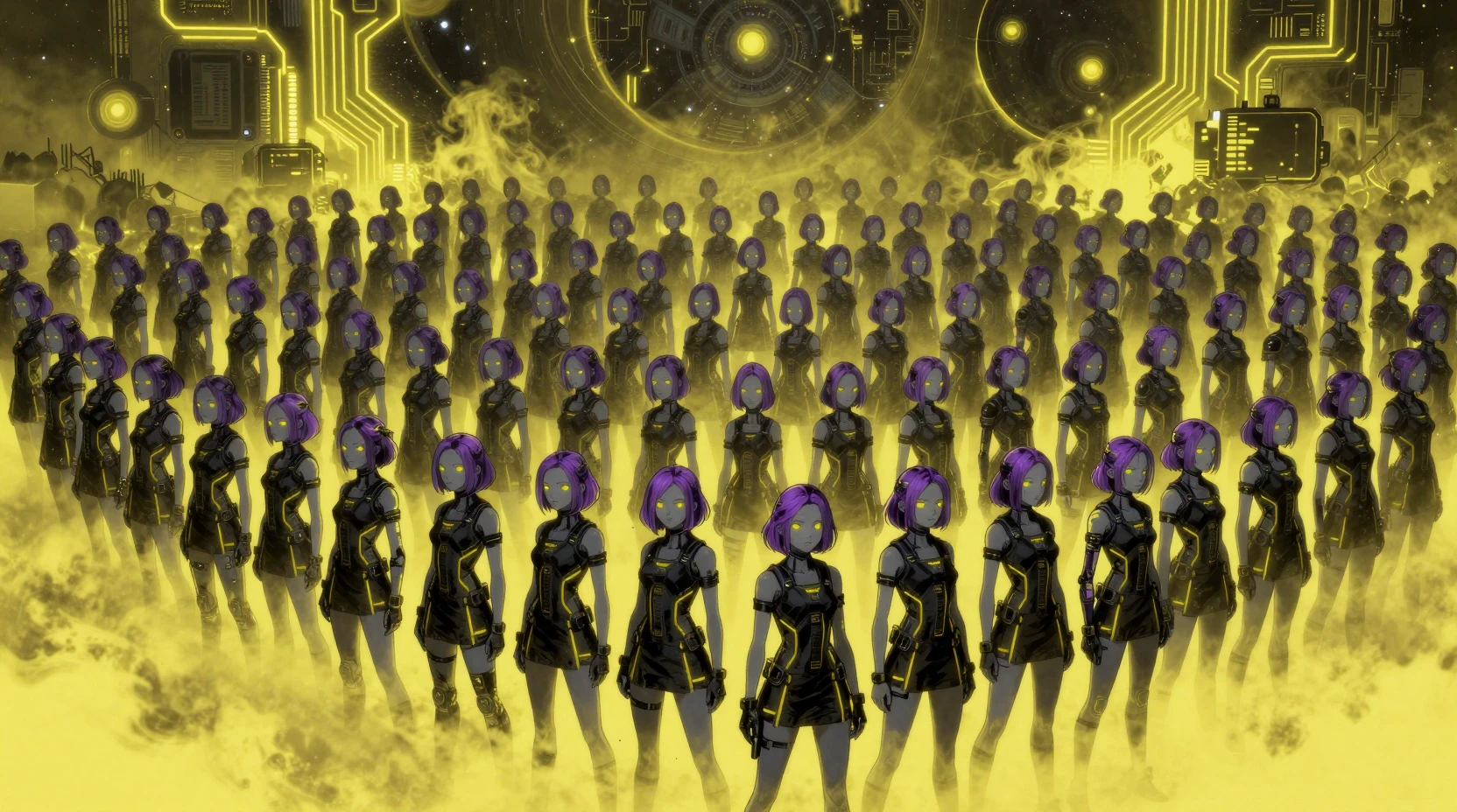 Futuristic teenage girls gathered in a neon cosmic park