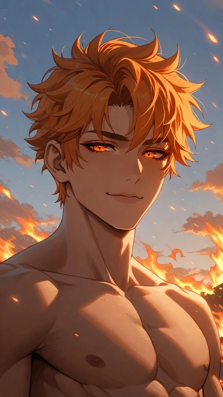 Homem de anime confiante em pé ao ar livre com chamas ao pôr do sol