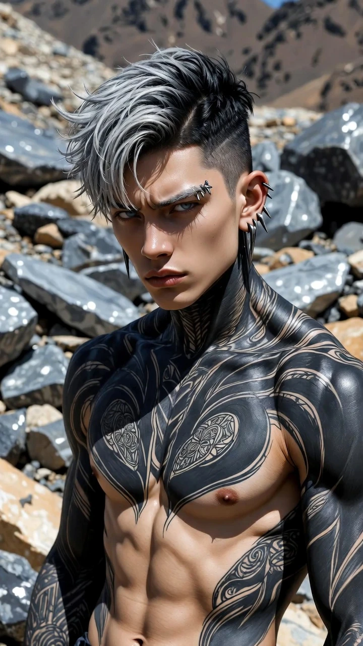 Homem musculoso tatuado em cena de mangá ao ar livre e rochosa