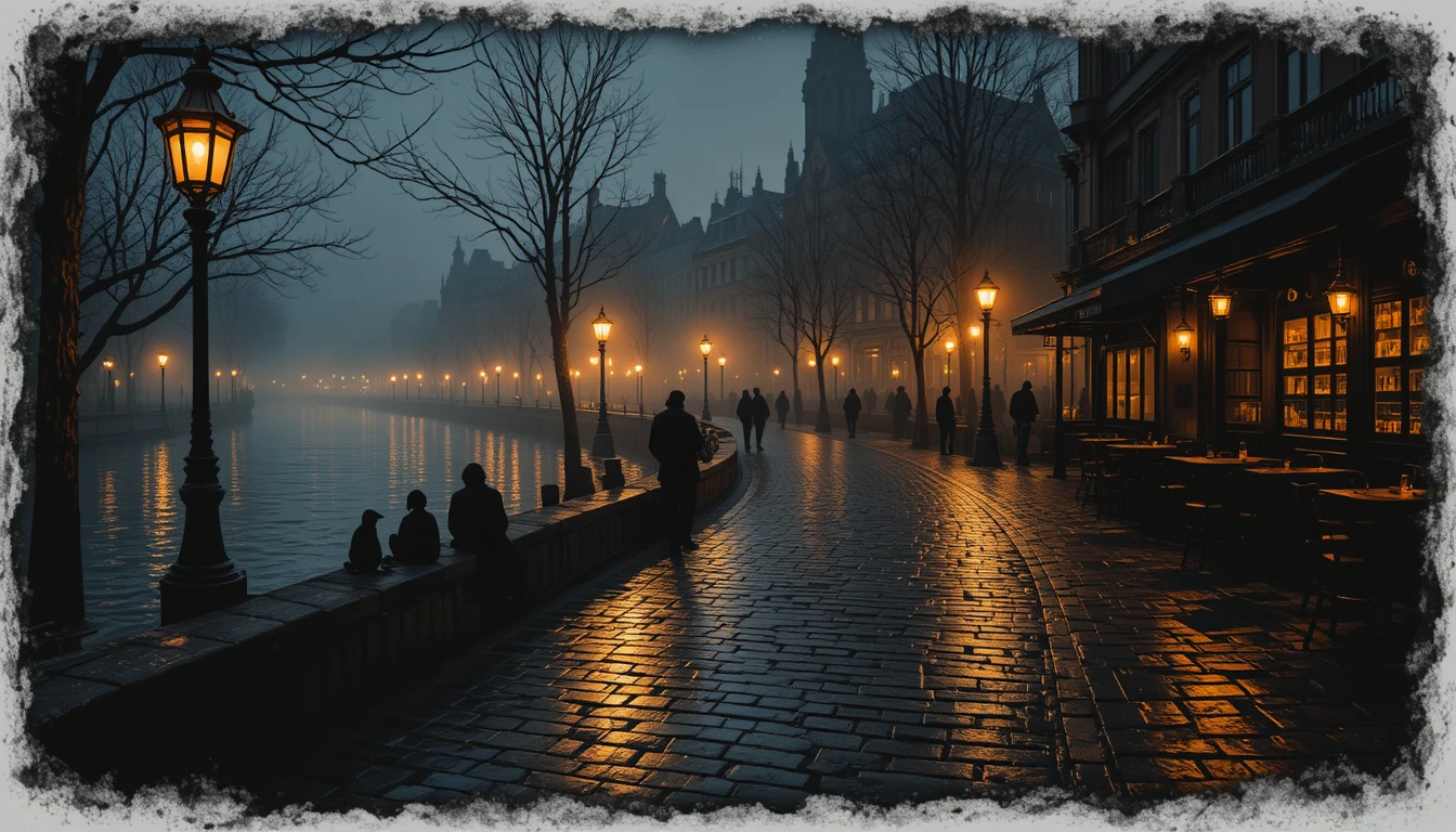 Sentiero sul fiume avvolto nella nebbia illuminato da lampioni a gas luminosi