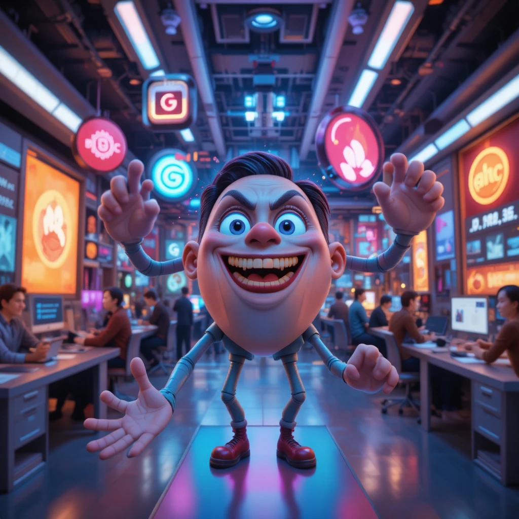 Mascottes de logo 3D flottant dans un bureau créatif futuriste