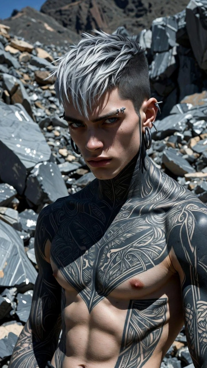 Homem musculoso tatuado em paisagem rochosa sob luz intensa