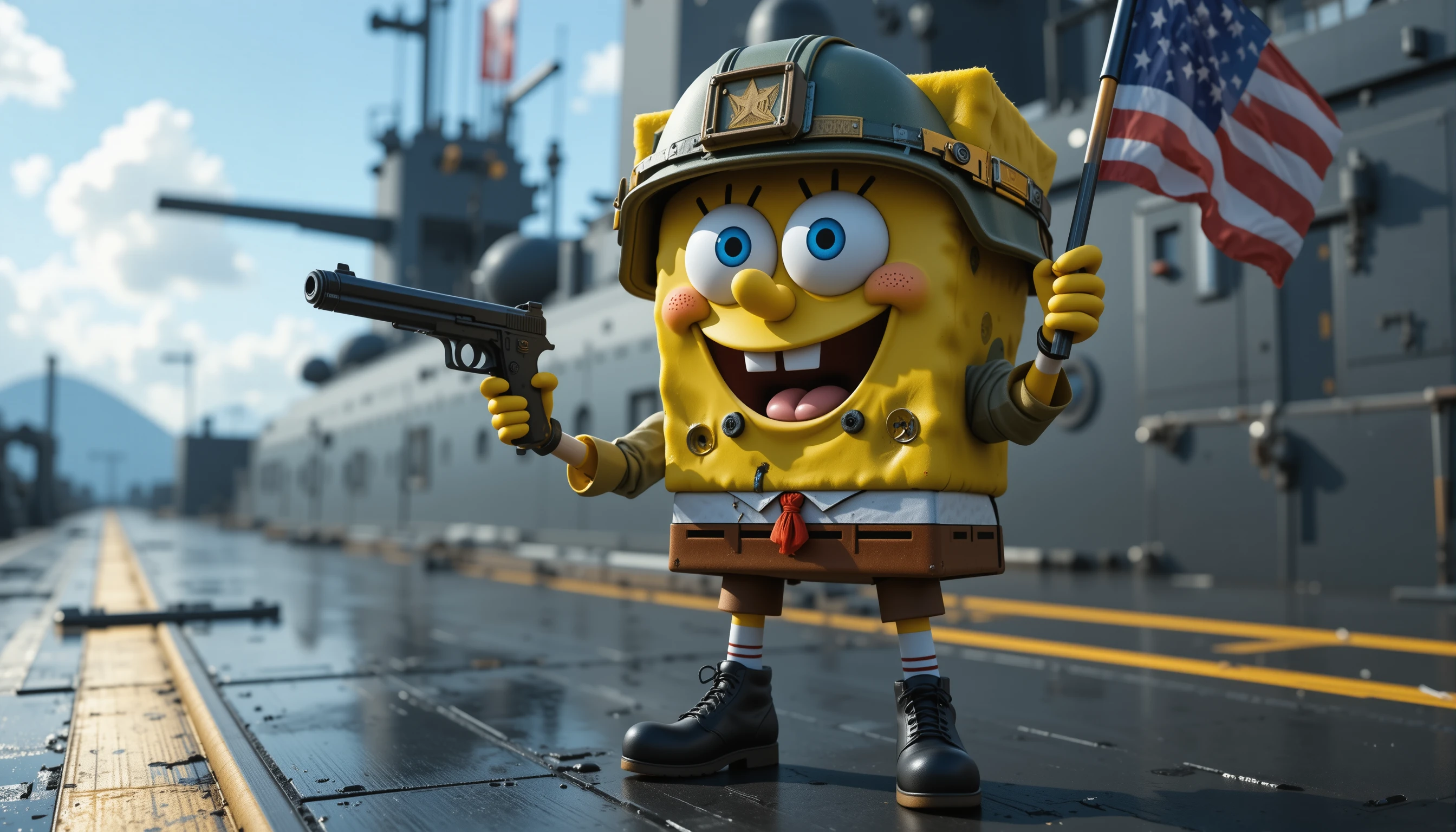 Personagem comando antropomórfico no convés de um submarino nuclear