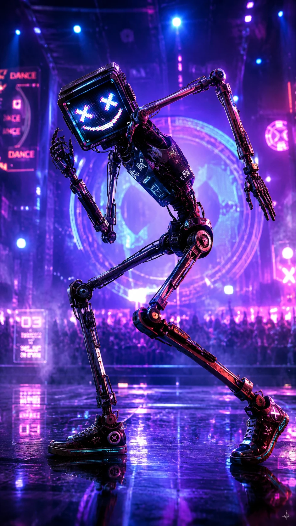 Robô humanoide magro dançando em um palco de show com neon