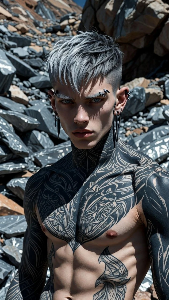 Homem musculoso tatuado em paisagem rochosa sob luz intensa