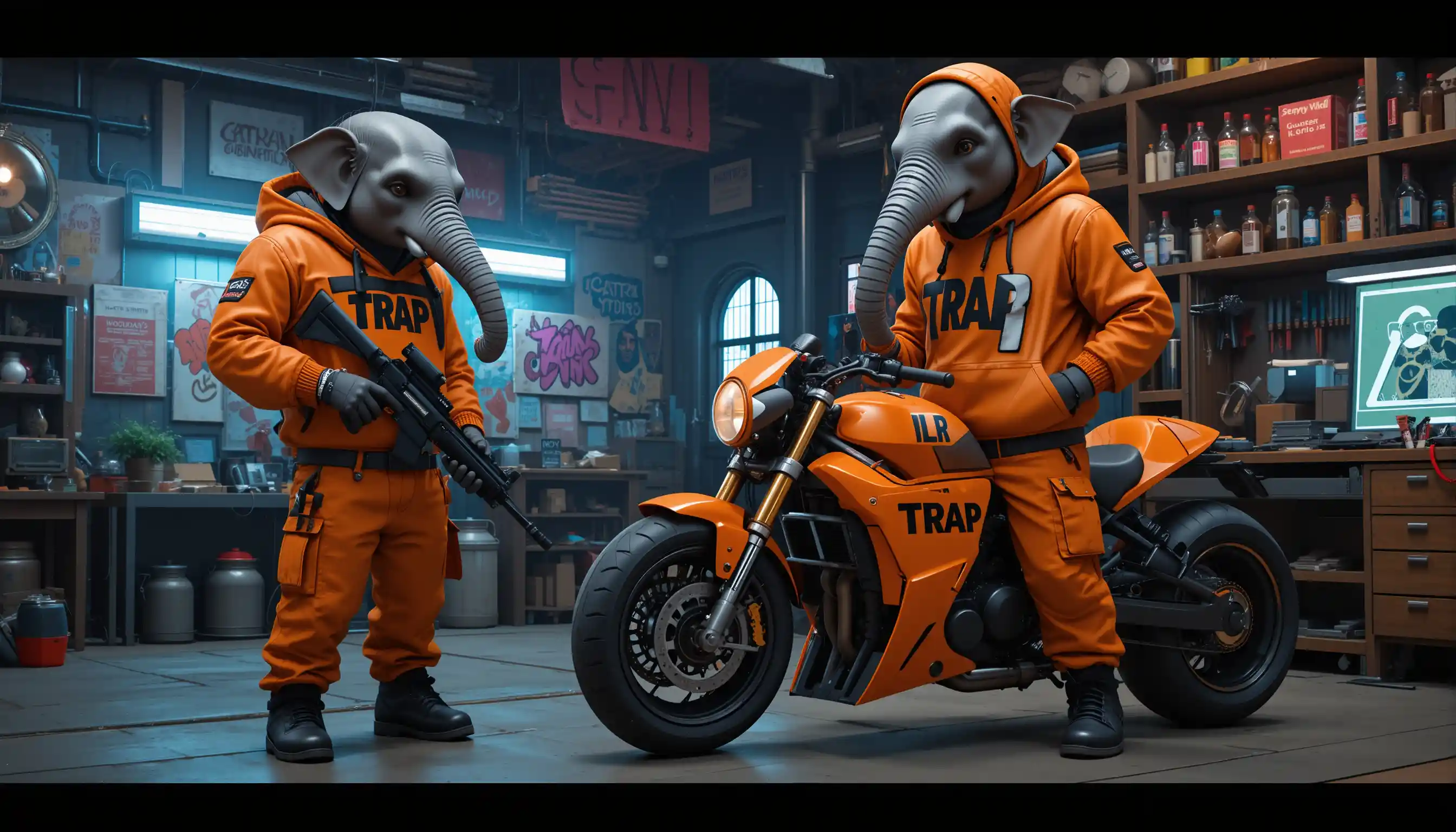 Elefante gangster accanto a moto futuristica in officina al neon