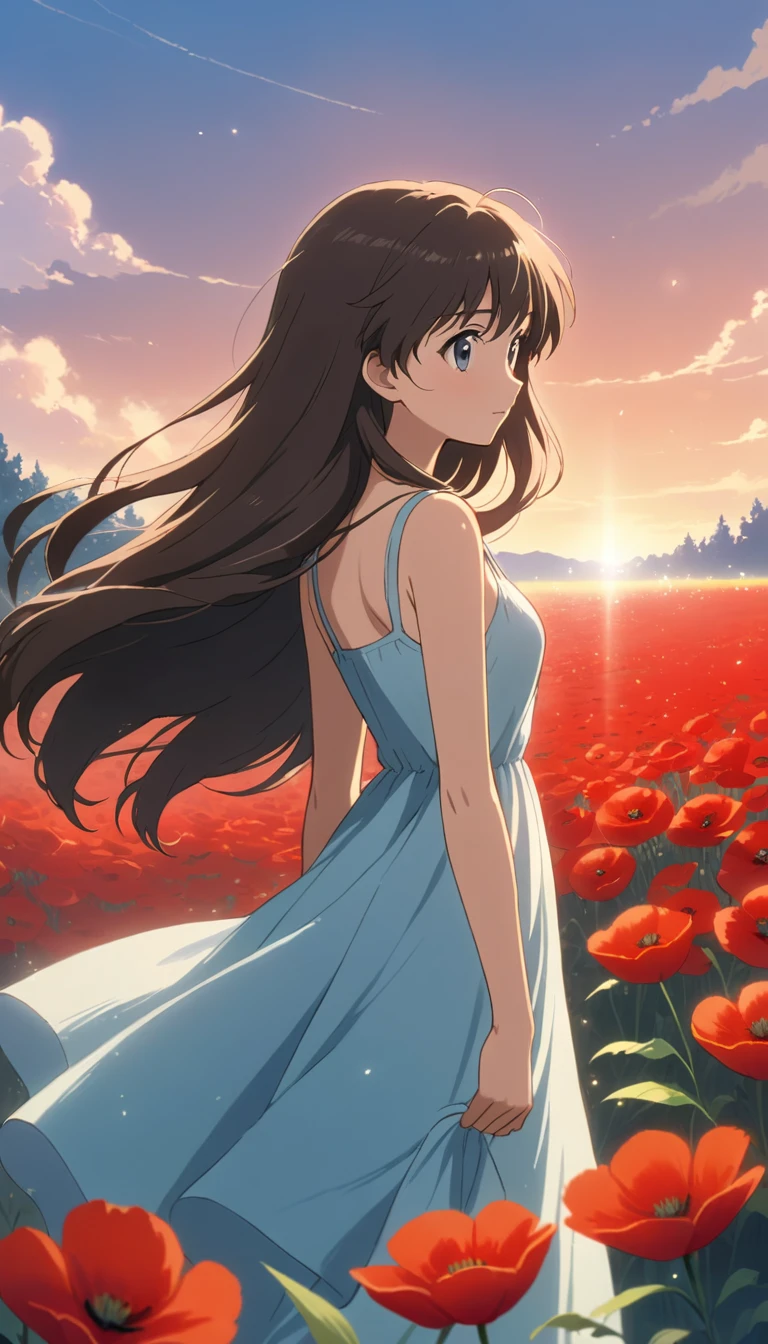 黃昏金色時刻紅色罌粟花田中的動漫女孩