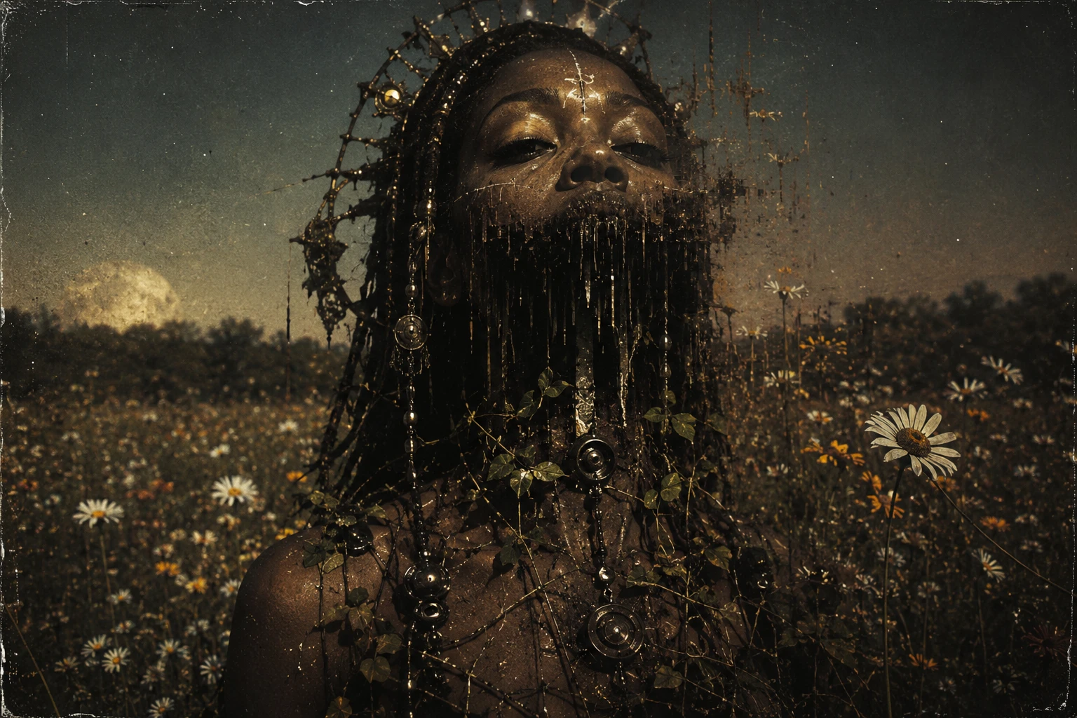 Mulher surreal se dissolvendo em um campo de flores silvestres à noite