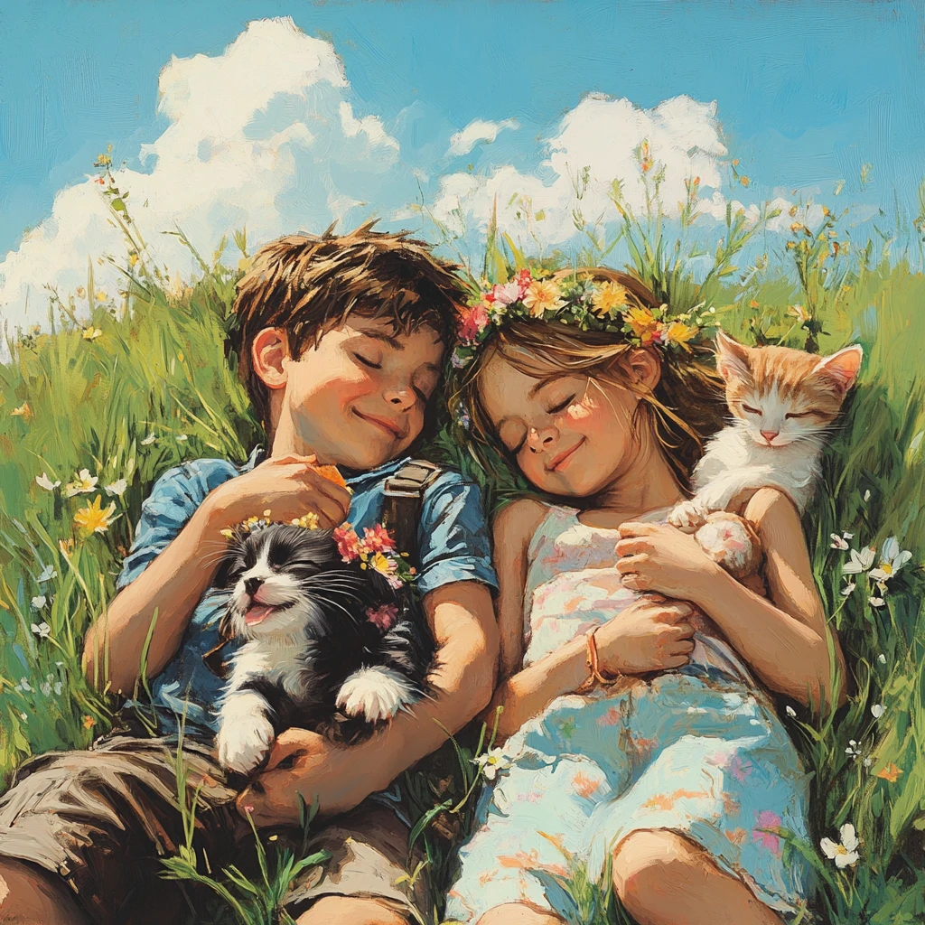 Enfants se relaxant dans un pré ensoleillé avec un chiot et un chaton