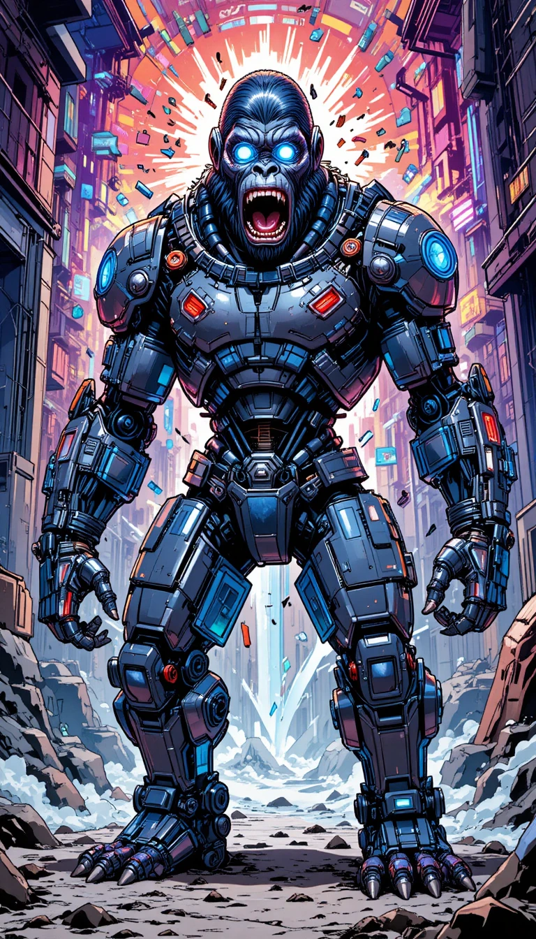 Playful sci fi mech robot with glowing electronic eyes
