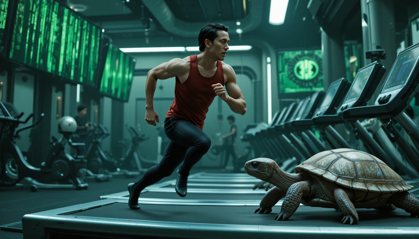 Neo corriendo en una cinta de correr futurista en un gimnasio verde distópico