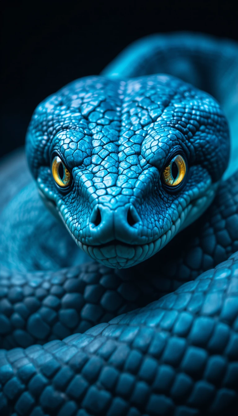 Primer plano de una serpiente azul con ojos amarillo verdosos brillantes