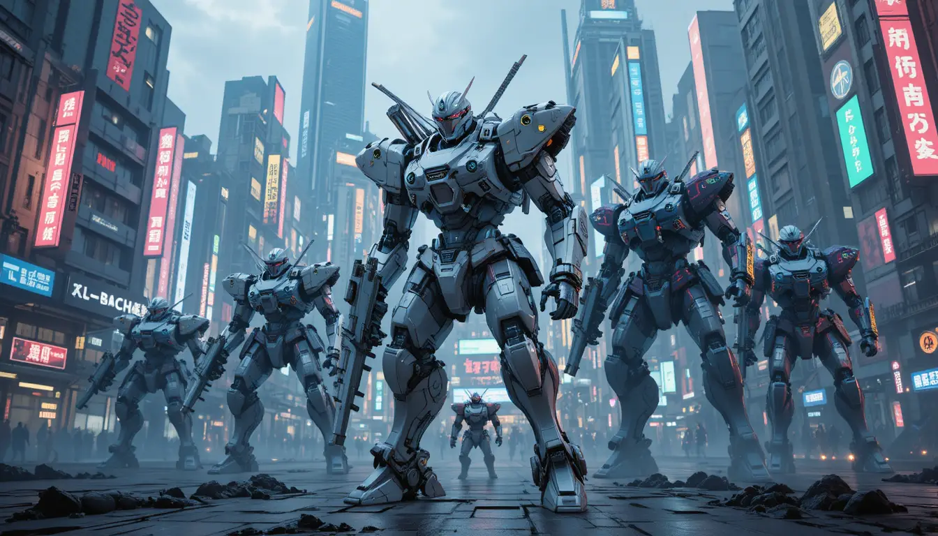 Futuristischer Samurai-Mecha in neonbeleuchteten, dystopischen Straßen Tokios