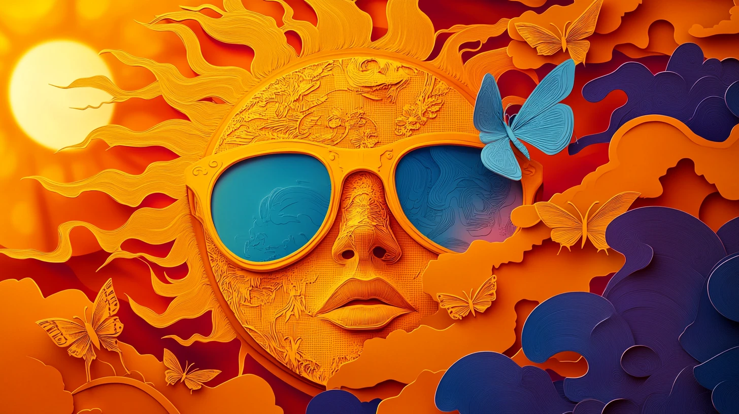 Surreale Sommersonne, die sich tief über einem verzerrten Ozean neigt