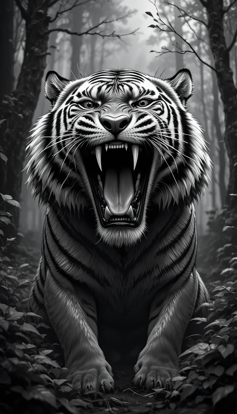 Wütend brüllender Tiger in einem nebligen Schwarz-Weiß-Wald