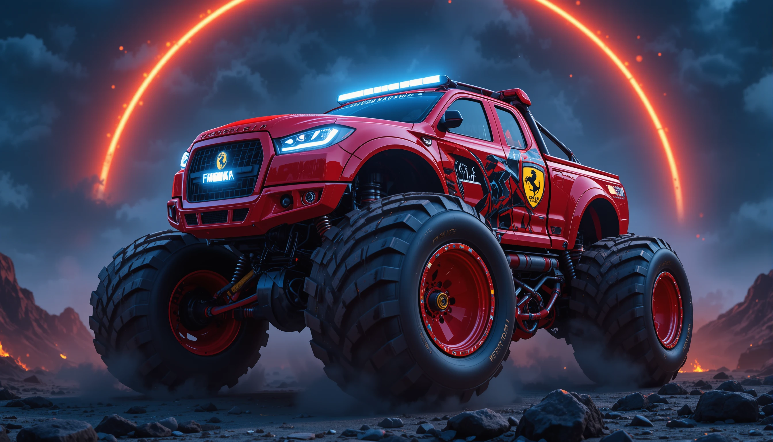 Supercarro caminhão monstro vermelho na borda de um vulcão à noite