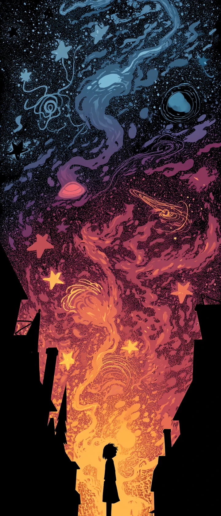 Garota de anime sob um céu noturno mutante de constelações