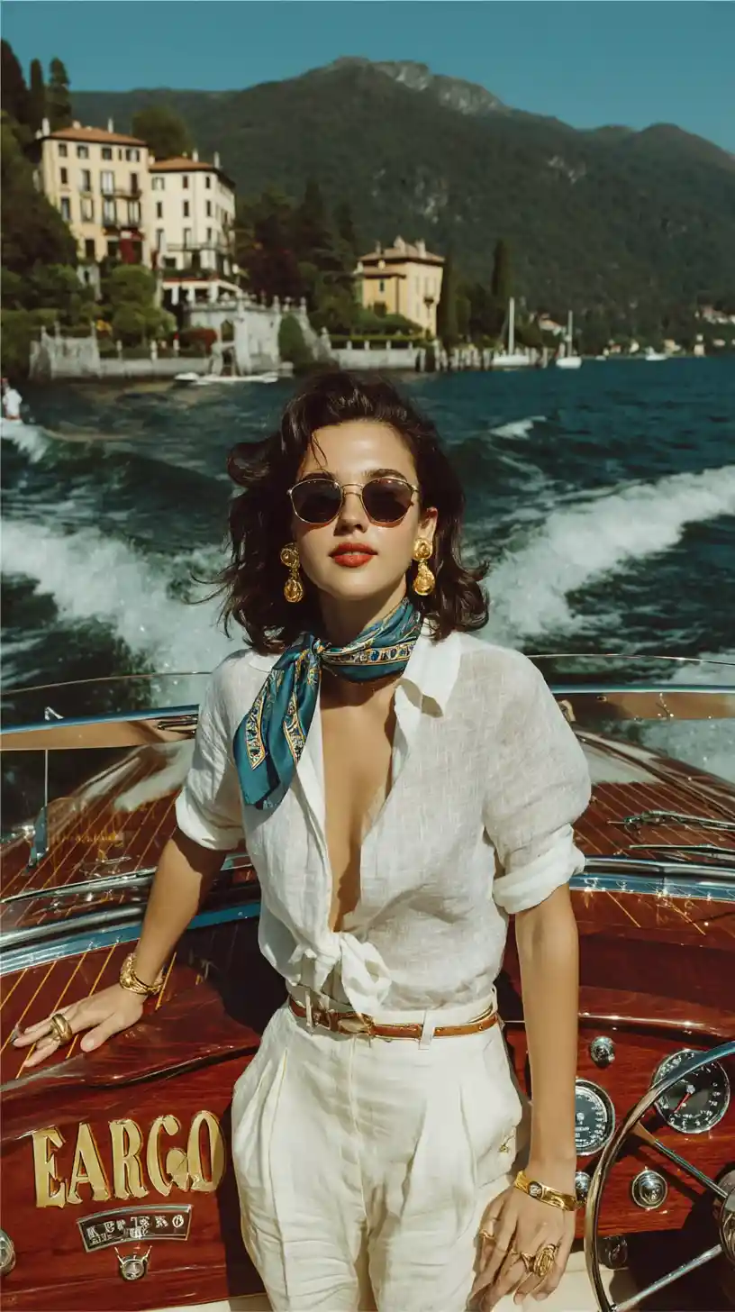 Elegant woman steering vintage speedboat on Lake Como