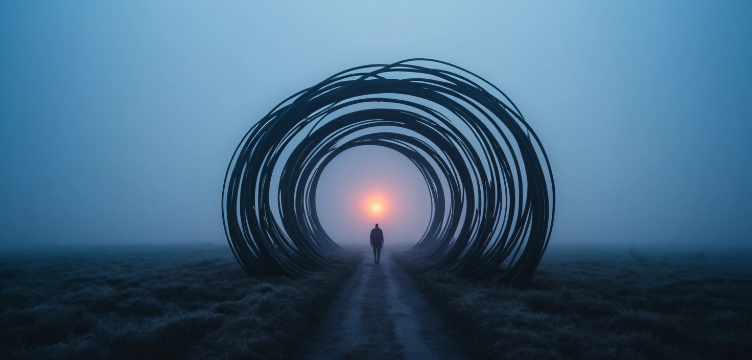 Erhabener schwarzer Kreis, leuchtend im surrealen kosmischen Nebel