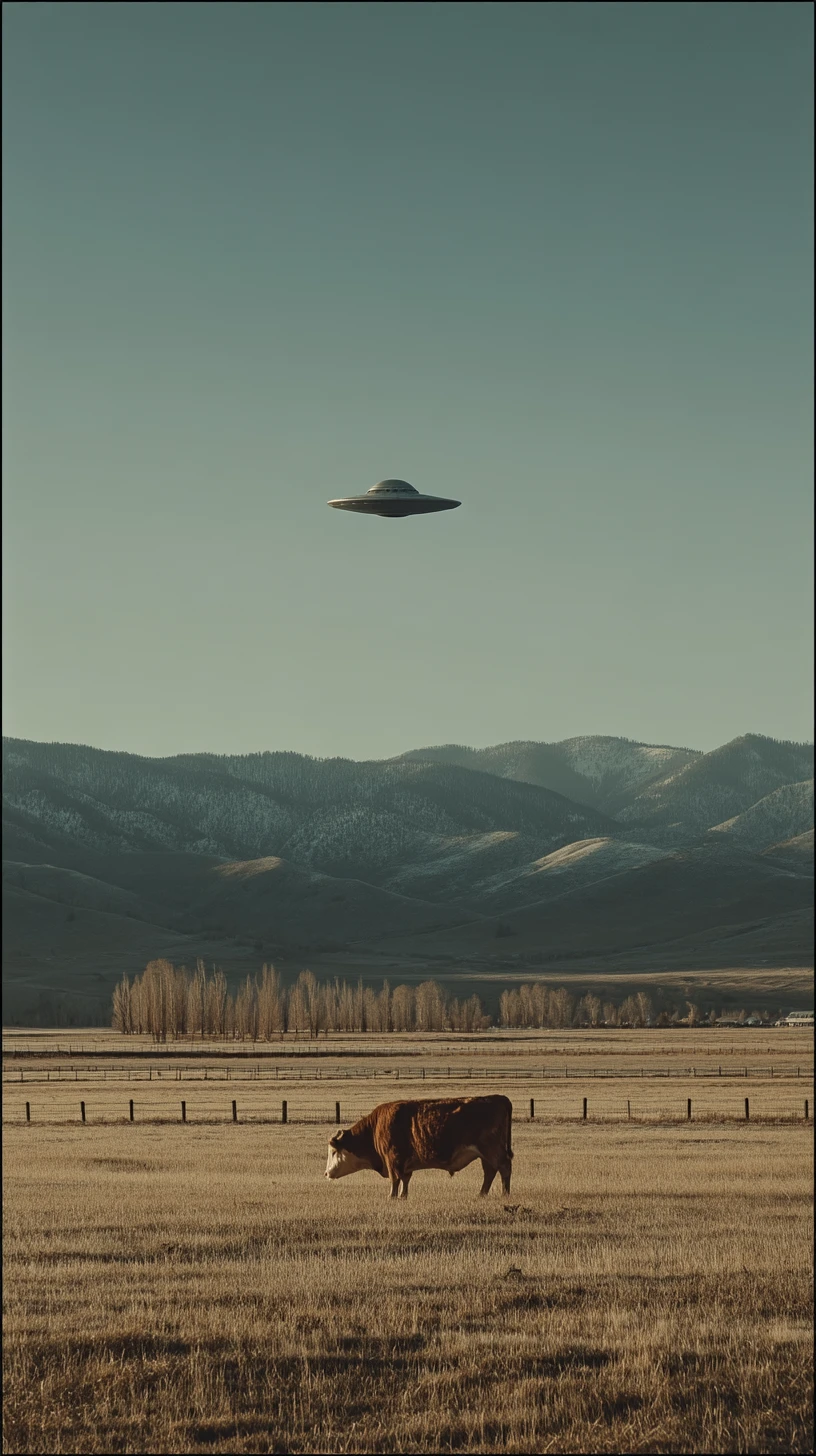 고요한 황혼 시골 풍경에서 소 위에 떠 있는 UFO