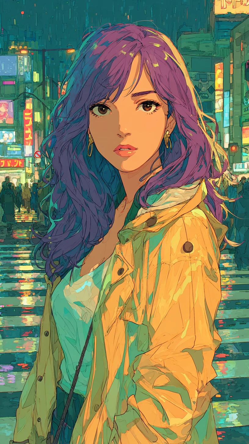 Anime-Frau an einer Neon-Stadt-Kreuzung in einer regnerischen Nacht