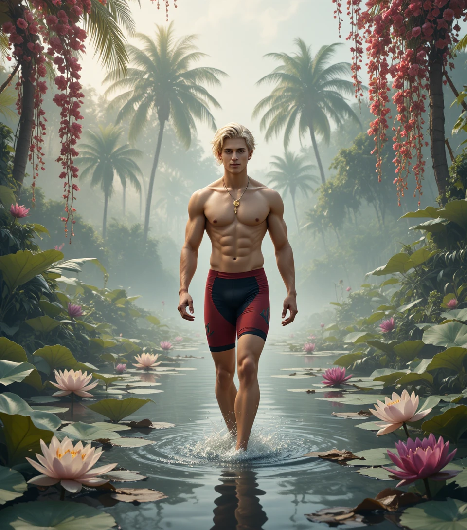 Jovem caminhando sobre um lago tropical enevoado