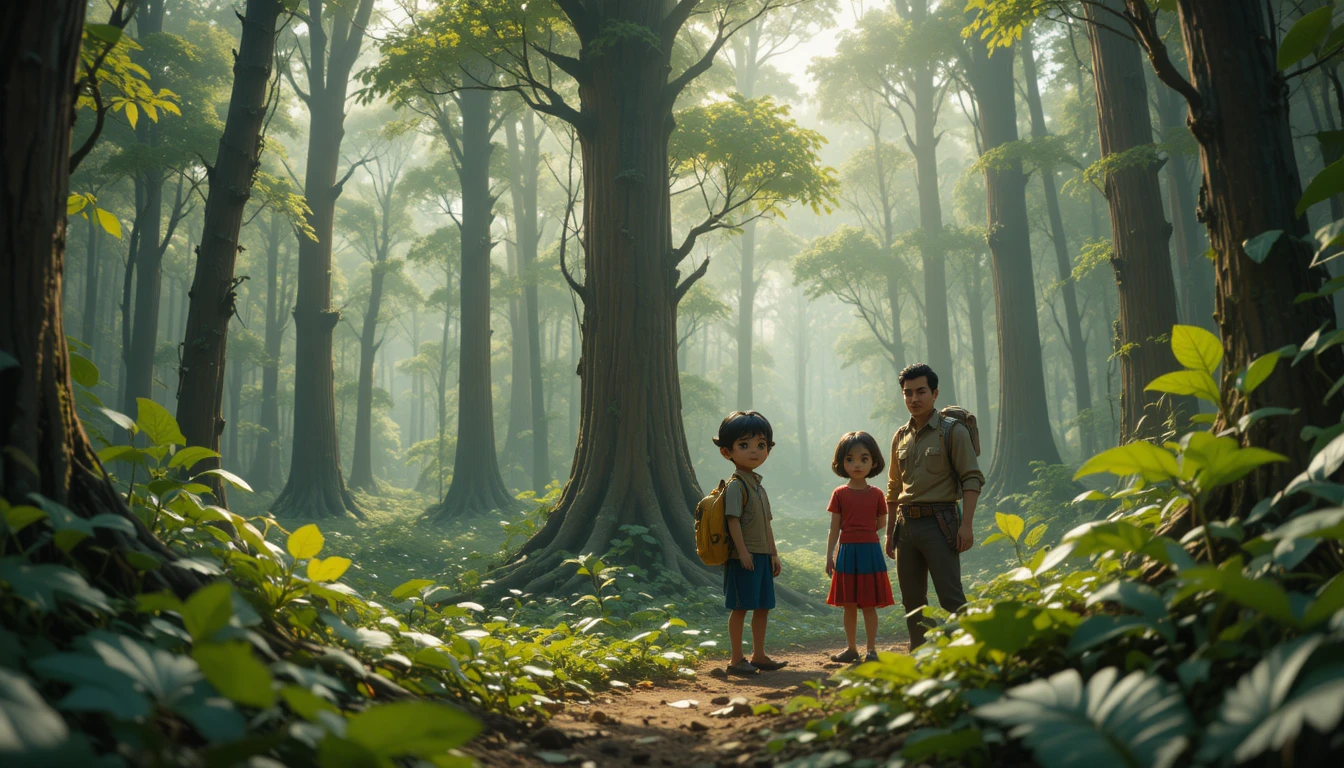 Niños explorando un bosque misterioso lleno de árboles antiguos
