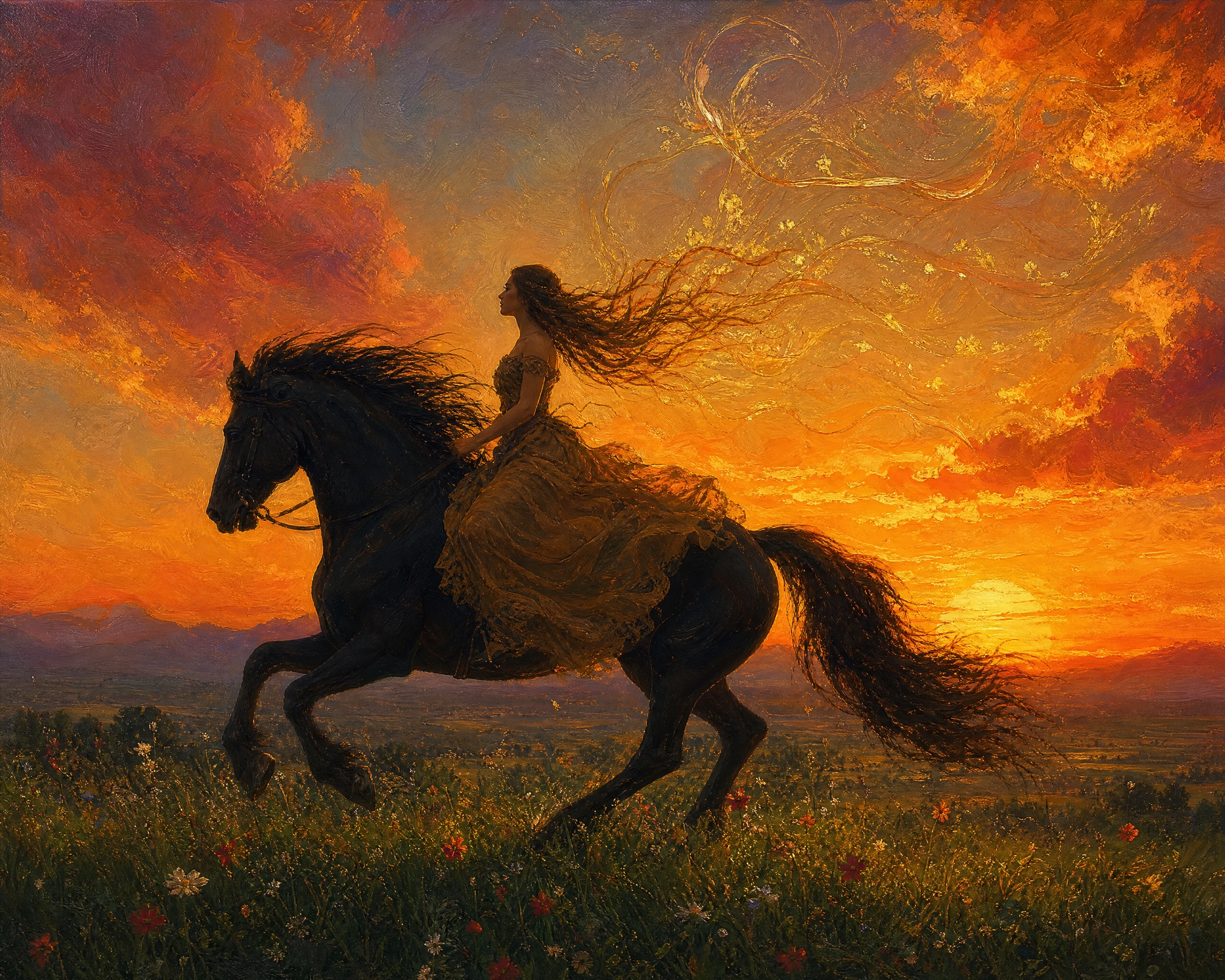 Mulher cavalgando em um campo ao pôr do sol