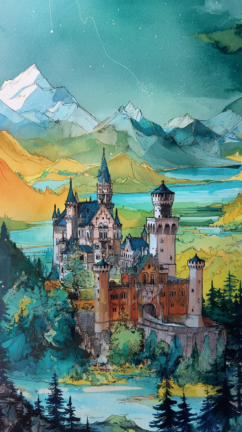 Pintura em tinta álcool de página de poema vintage com castelo