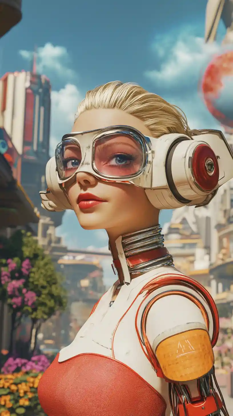 Donna cyborg retro-futuristica sorridente con piccolo droide