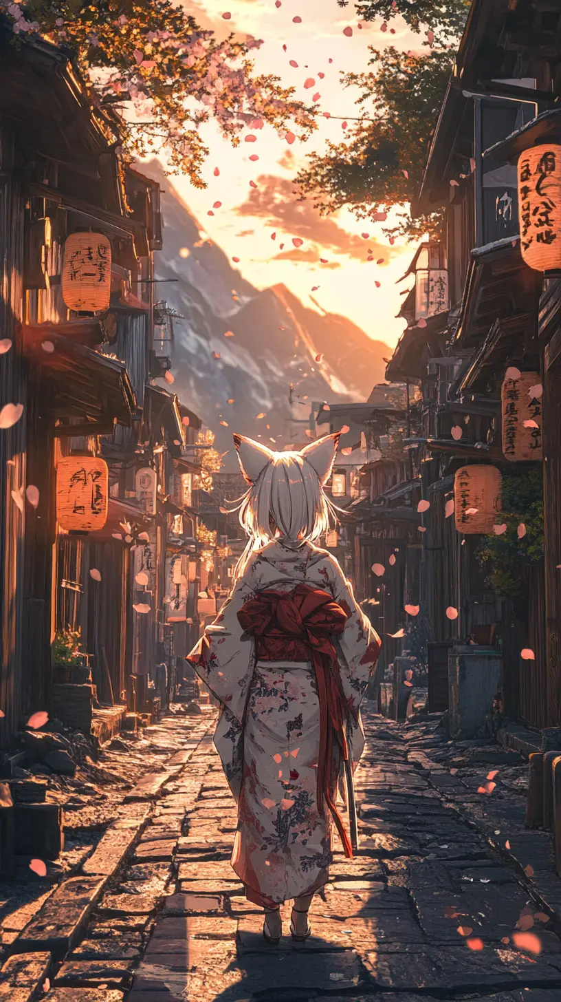Fille chat anthropomorphe en kimono déchiré dans une rue de village