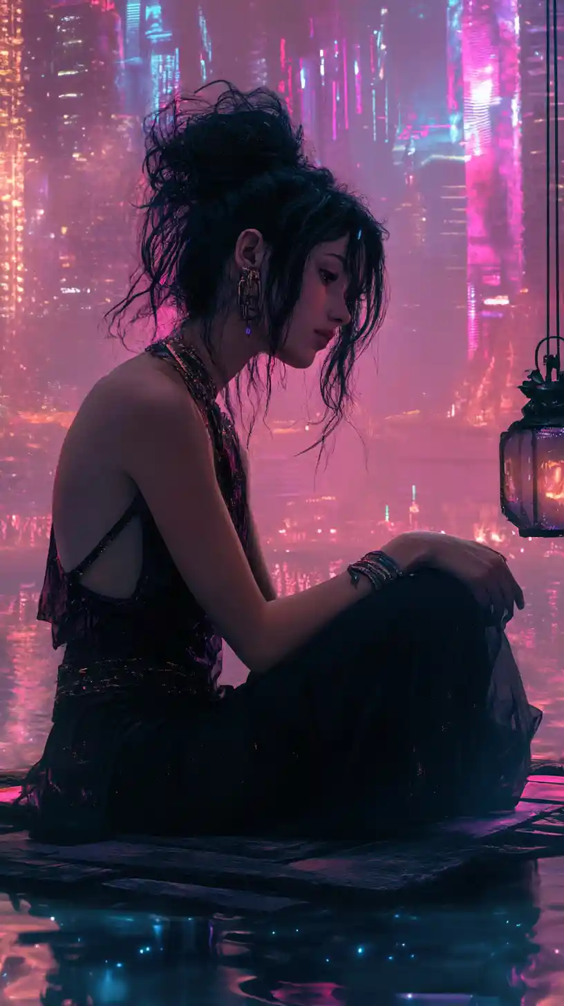 Meditating woman on wooden platform in neon cyberpunk city