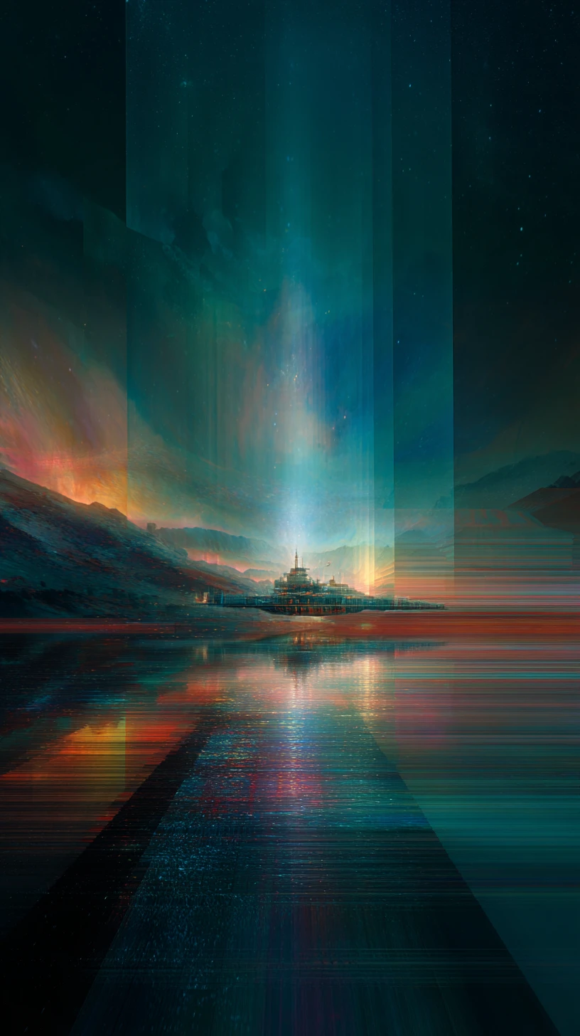Nave surreal cruzando dimensões em um céu cósmico distorcido