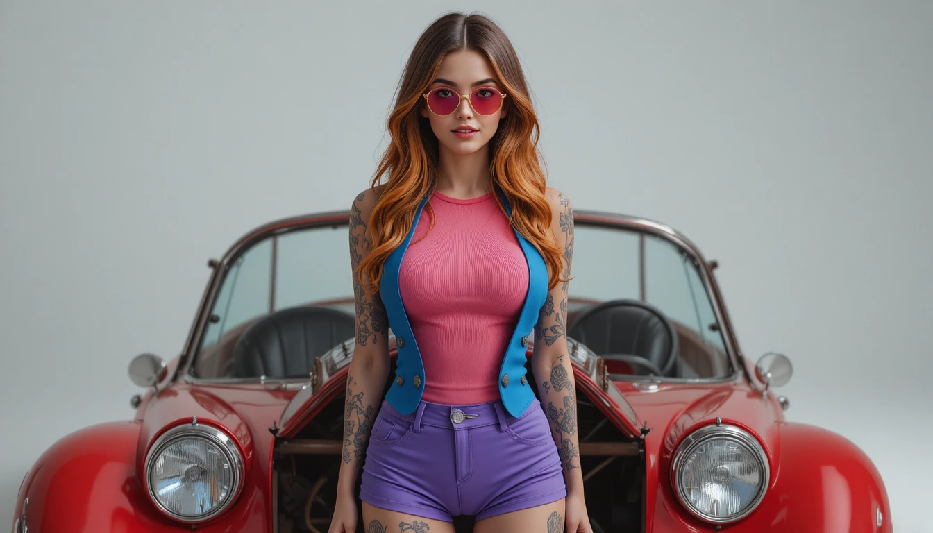 Jeune femme confiante posant près d'une voiture rouge vintage