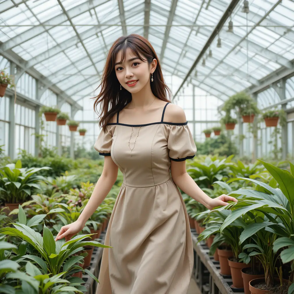 玻璃溫室裡挑選植物的韓國女大學生