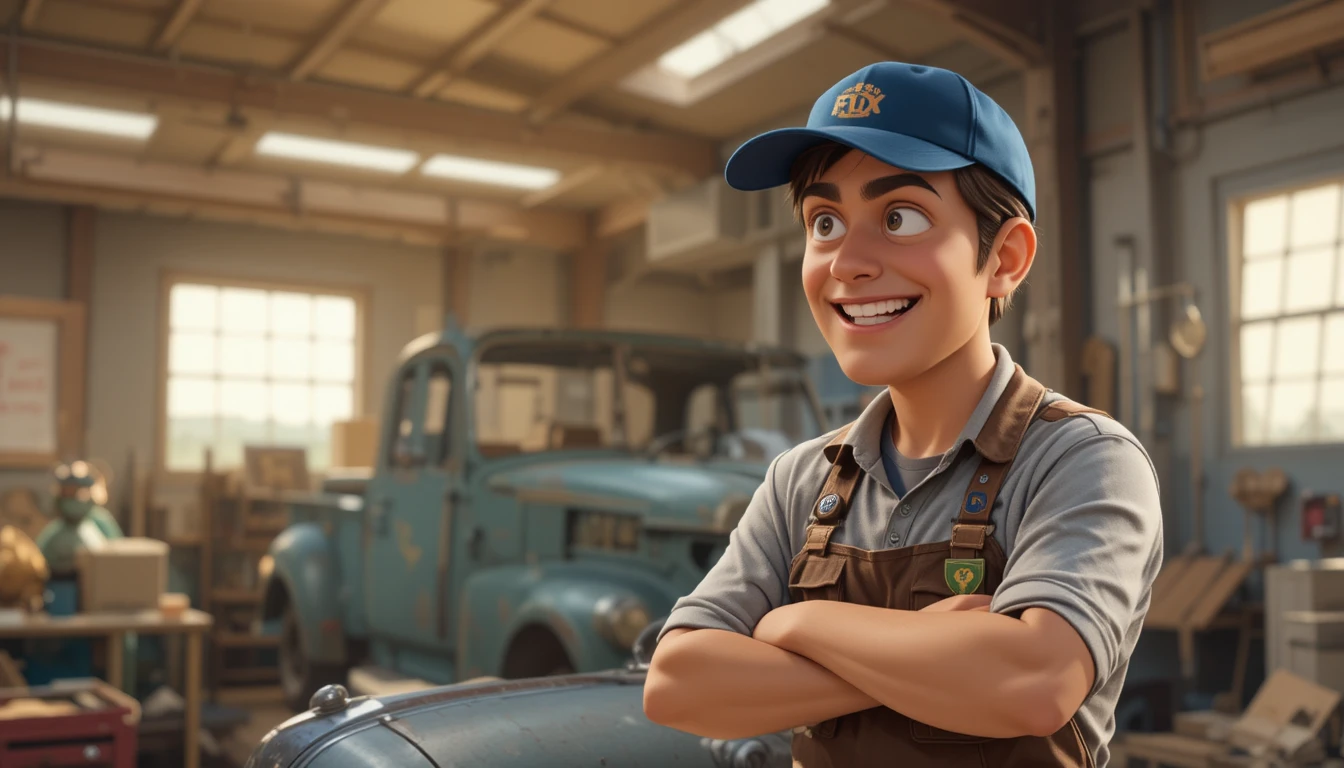 Trabalhador com um carro americano em uma rua da cidade
