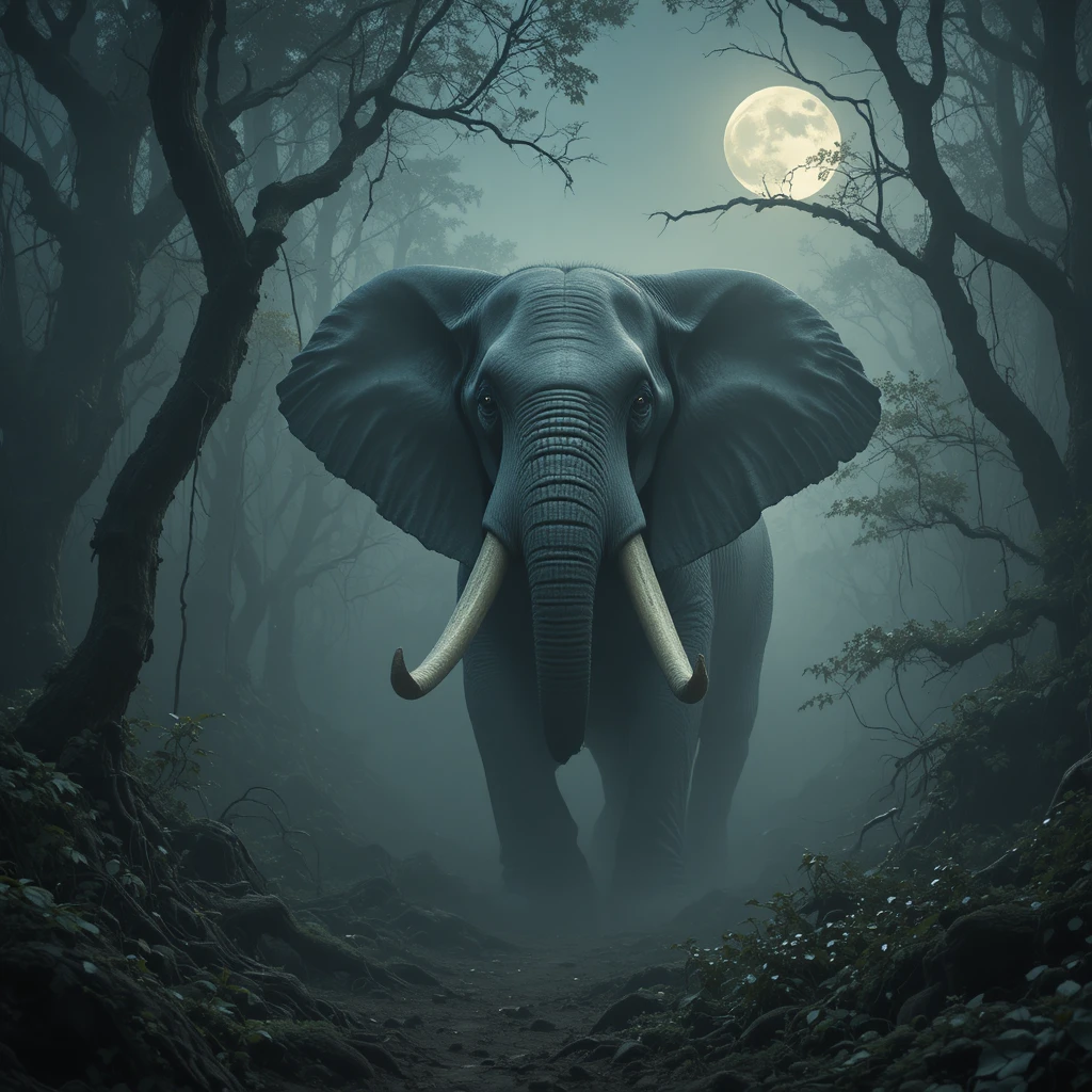 Elefante che emerge dalla foschia al chiaro di luna in una foresta oscura