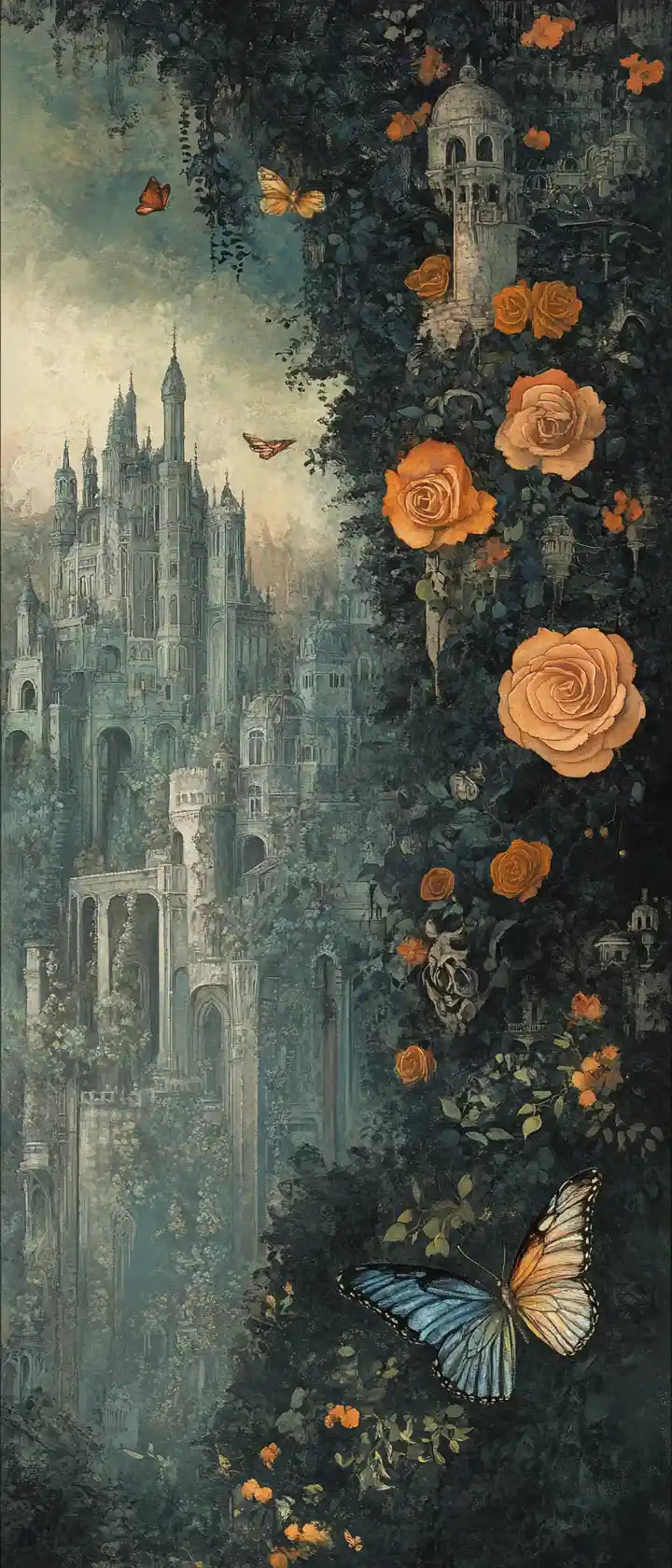 Città Fantastica con Rose e Farfalla Dorata