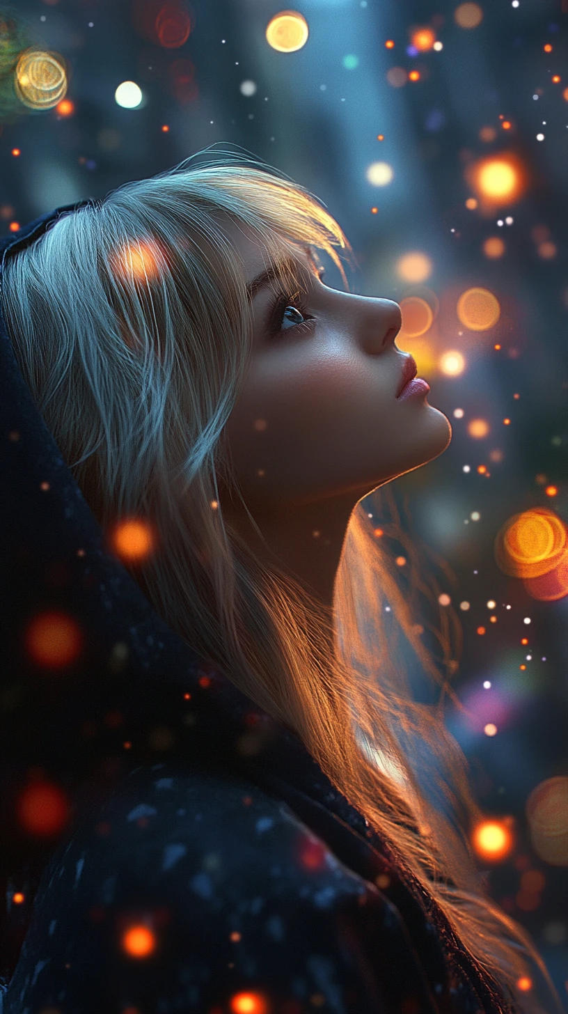 Young woman in hooded cloak with glowing cityscape