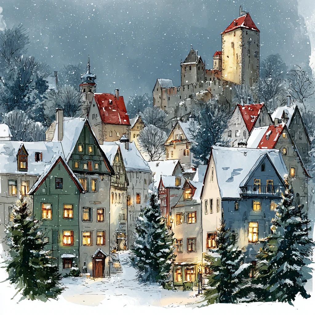 Village d’hiver chaleureux avec châteaux et toits enneigés