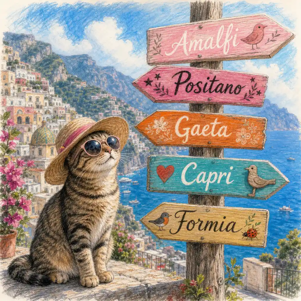 Gato malhado curioso de chapéu de sol ao lado de placas de viagem coloridas