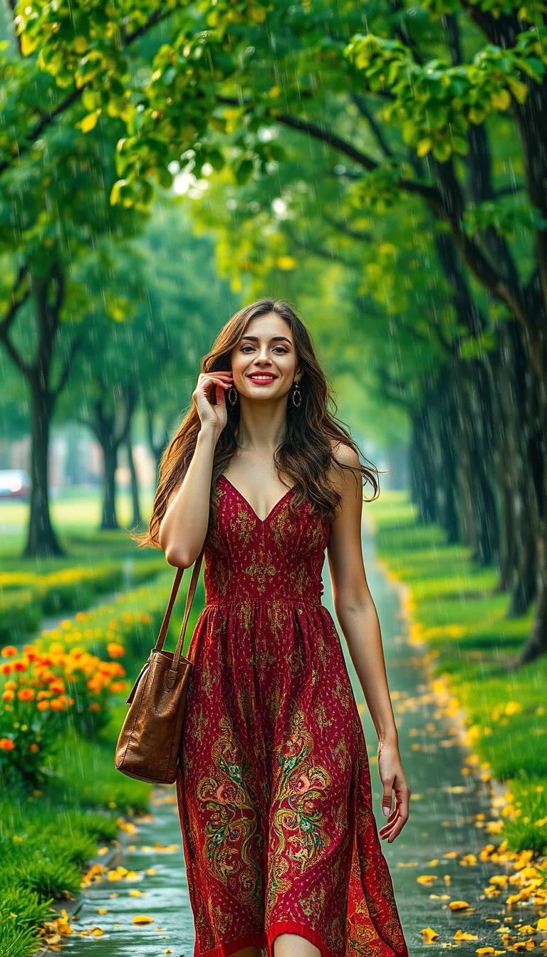 Mulher alegre caminhando por parque urbano chuvoso no verão