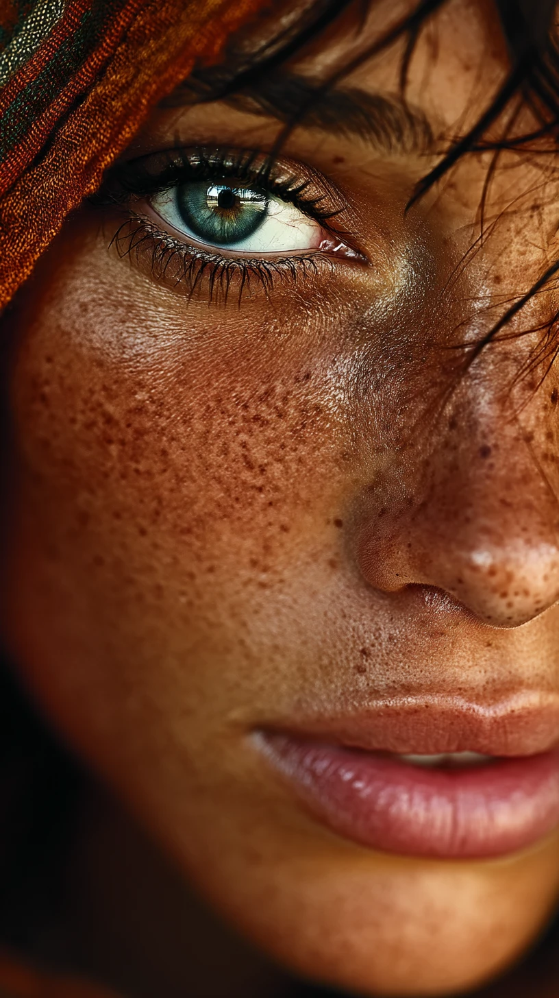 Retrato en primerísimo plano de una mujer con pecas